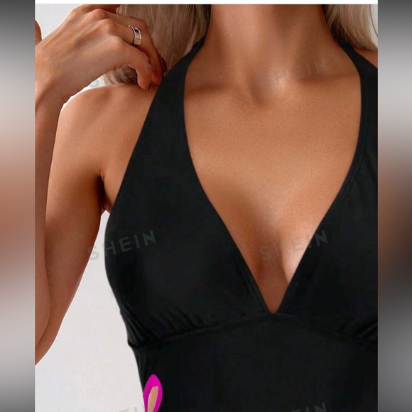 One-Piece Swimsuit With Flower Decoration cutout And Backless halter • Large - Picture 3 of 5